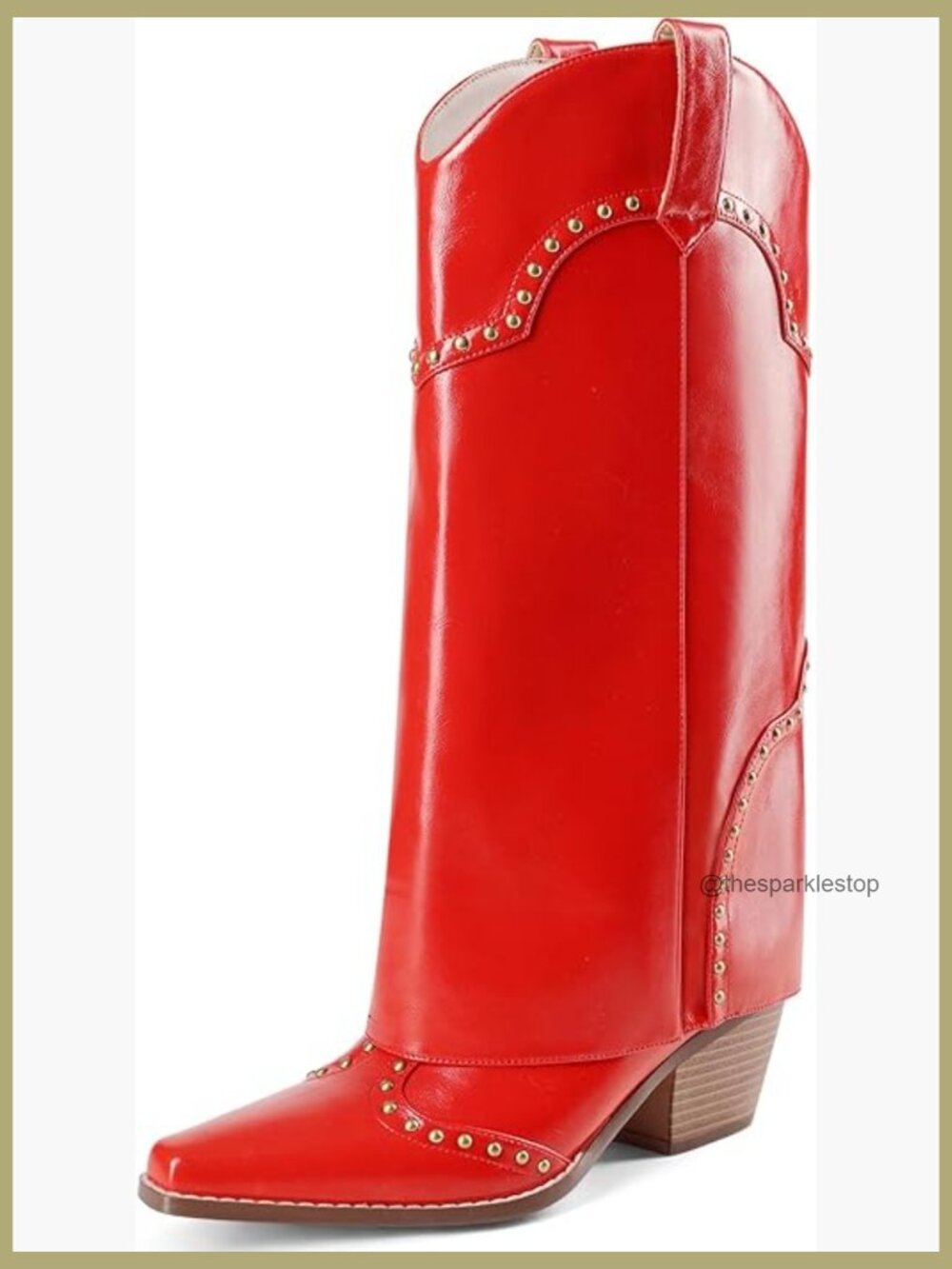 Faux Leather Snip Toe Studded Cowboy Boots Chunky Heel Fold Over Knee High Pull